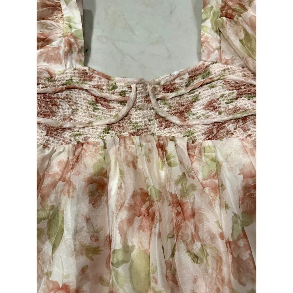 Sofie the Label Floral Organza Puff Sleeve Peplum Top Pink Green Medium Smocked